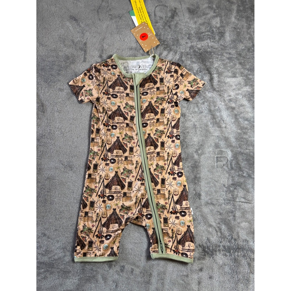 Wildwoven toddler Camping Print ShortSleeve Modal Zipper Romper 18-24M Tan Green